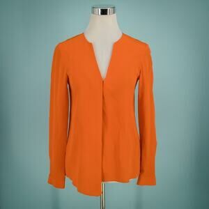 Tibi Size 0 Orange V Neck Long Sleeve Pleated Asymmetrical Hem 100% Silk Top